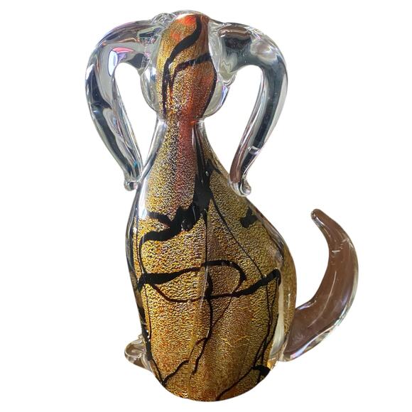 RARE 8” GCA Art Glass Murano Style Dog Puppy Sculpture Layered Gold & Black - Picture 9 of 16